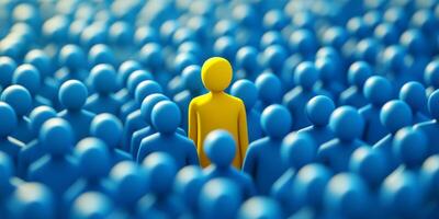 This illustration shows a unique yellow figure among blue ones, symbolizing talent selection and the importance of finding the right candidate for company culture and workforce diversity photo