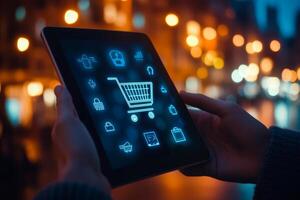 A person is using a tablet to explore various digital shopping options beneath the vibrant city lights photo