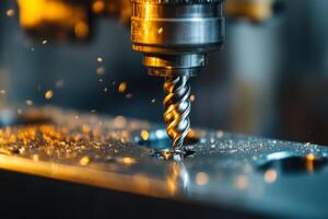 A closeup image focusing on a drill bit in an industrial milling machine emphasizes the importance of precision cutting and showcases intricate metalwork being performed in a wellequipped workshop photo