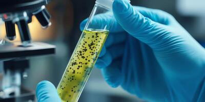 A dedicated scientist holds a test tube with a vibrant yellow bacterial sample, highlighting the vital need for ongoing medical research and innovative practices in the laboratory photo