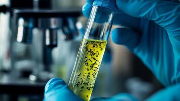 A scientist holds a test tube with a bright yellow bacterial sample, showcasing the complexity of advanced medical research and essential microbiological studies vital for scientific advancements photo