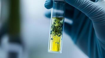 A dedicated scientist in a lab holds a test tube of vibrant yellow liquid containing bacteria, showcasing innovative medical research aimed at understanding diseases and developing solutions photo