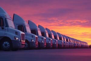 A breathtaking and stunning lineup of trucks is parked in the bustling industrial area, all set and ready for cargo transport as the beautiful sun rises majestically in the early morning sky photo