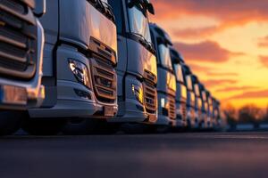 A fleet of trucks is parked in a row, ready for efficient cargo transport. As the sun rises, it casts a warm glow, highlighting the importance of the logistics and transportation industry photo