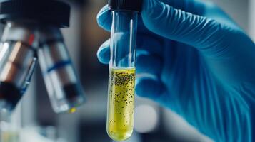 A dedicated scientist in a lab holds a test tube with a bacterial sample, highlighting vital research efforts in healthcare to enhance health outcomes for patients and communities photo
