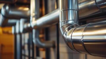 This is a detailed view of a contemporary HVAC system, which showcases the use of robust steel pipes that are essential for effective central heating and air conditioning within buildings photo