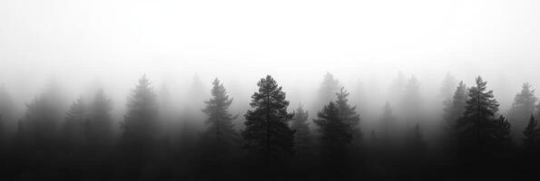 A beautifully tranquil forest scene featuring the silhouettes of tall pine trees that are enveloped in a blanket of thick fog, creating a serene, peaceful, and emotionally touching atmosphere for all photo