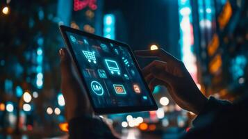 An individual utilizing a tablet device within a colorful and lively urban setting, illustrating digital interaction photo
