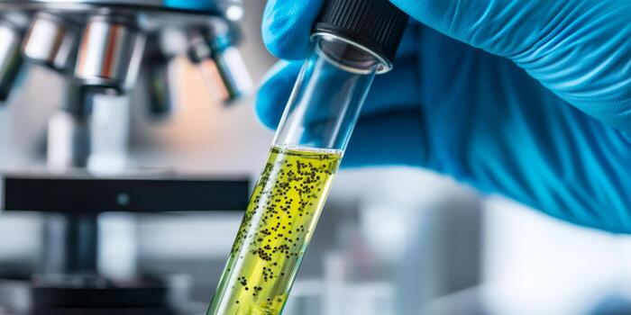 In a lab, a focused scientist holds a test tube with vibrant yellow liquid, possibly a bacterial sample, examining it closely through a microscope for accurate analysis and valid results photo