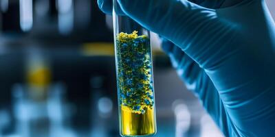 A focused scientist examines a test tube filled with colorful bacteria, indicating an ongoing study on legionella and its potential health and safety implications in various environments photo
