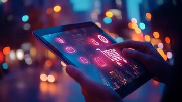 A user engaging with a tablet, displaying vibrant and dynamic digital interfaces against a bustling city backdrop photo