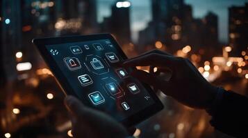 A user is interacting with a smart tablet, exploring various app features against a stunning city skyline at night photo