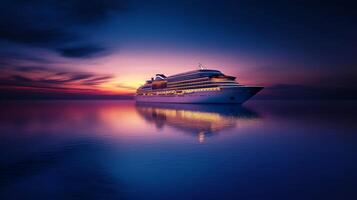 A serene evening view of a luxury cruise ship illuminated against a calm ocean, reflecting the stunning twilight colors of the sunset photo