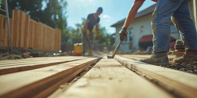 Workers are diligently installing wooden flooring at a busy construction site, skillfully utilizing a variety of tools and various materials for a significant and important home construction project photo
