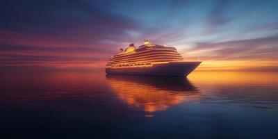 A luxury cruise ship illuminated at twilight, floating on tranquil waters and reflecting stunning sunset colors, offers an unforgettable journey filled with leisure and exploration photo