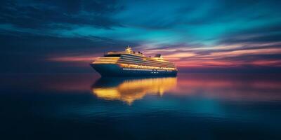A serene cruise ship floats gracefully on the tranquil waters at twilight, reflecting a stunning sky while illuminating the peaceful sea, creating a captivating and breathtaking scene photo