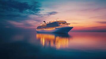 A luxurious cruise ship glows under twilight, with its reflection dancing on calm ocean waters, creating a serene and picturesque vacation scene ideal for relaxation and enjoyment photo