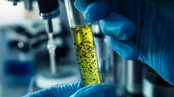 In a wellorganized lab, a dedicated scientist holds a test tube with a bacterial sample, underscoring the vital role of medical research and healthcare in advancing societal progress photo