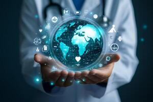 In an impressive display, a doctor holds a holographic globe that symbolizes the extraordinary fusion of cuttingedge technology and healthcare within a broad, interconnected global context photo