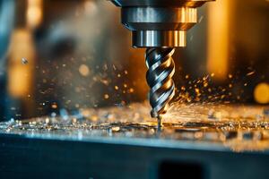 A spiral drill bit cuts through metal in a busy industrial workshop filled with advanced machinery and hightech tools, showcasing the precision techniques used in modern manufacturing photo