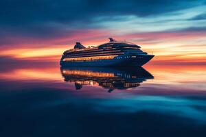 A beautiful cruise ship glows against a peaceful twilight sky, reflecting on calm waters, creating a serene and luxurious atmosphere for unforgettable evening journeys and adventures photo