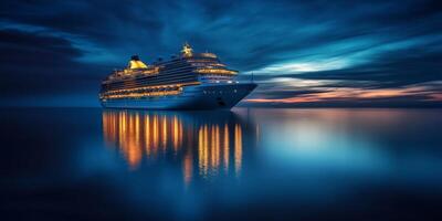 A magnificent cruise ship lights up the evening sky, gliding gracefully over calm waters, creating stunning reflections and offering a perfect escape for relaxation and leisure activities photo