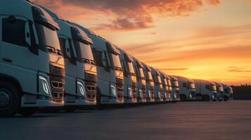 A neatly organized lineup of trucks is poised and ready for cargo transportation at the break of dawn, highlighting the logistics industrys preparedness for efficient shipping and freight services photo