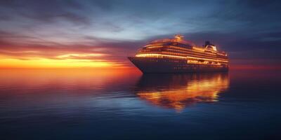 Experience the serene beauty and elegance of a stunning luxury cruise ship brilliantly illuminated against a tranquil twilight ocean, making it the perfect setting for a scenic evening getaway photo