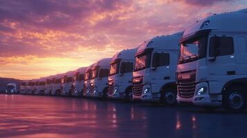 A fleet of parked trucks is poised, waiting for the break of dawn to begin their crucial deliveries, while the vibrant colors of the sky serve to beautify the surrounding industrial environment photo
