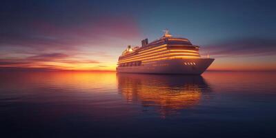 Experience tranquility on a luxury cruise ship at twilight, with calming hues reflecting on serene waters during a magical sunset, offering a stunning escape from daily lifes hustle and bustle photo