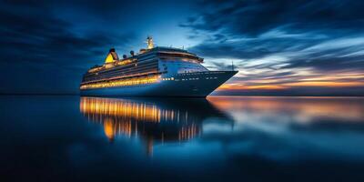 A breathtakingly stunning evening view of a luxurious cruise ship, gracefully illuminated beneath a calm and enchanting twilight sky, reflecting beautifully on the tranquil ocean waters below photo