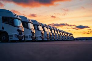 A diverse fleet of parked trucks is lined up gracefully against the backdrop of a breathtaking sunrise, all set and prepared for upcoming cargo transport and logistics operations to commence photo