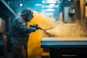 In an industrial setting, a skilled technician expertly sprays innovative powder coating on metal surfaces, using advanced machinery and safety measures to ensure optimal performance and quality photo