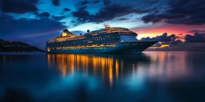A luxurious cruise ship illuminates the enchanting twilight sky, casting a mesmerizing reflection on the calm ocean waters, embodying serenity and stunning beauty that captivates the soul photo