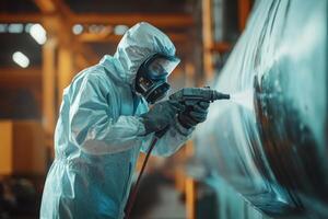 In a busy factory, a skilled technician in protective gear sprays bright orange paint on machinery for corrosion prevention, achieving high finish quality and showcasing modern production techniques photo