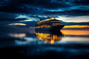 A stunning cruise ship beautifully glows at twilight, elegantly floating on calm, inviting ocean waters, embodying the essence of luxurious travel and serene maritime adventures that captivate all photo
