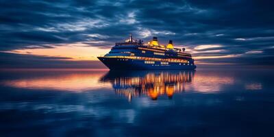 Imagine a serene evening with a luxury cruise ship, beautifully lit, floating on calm waters, reflecting the stunning twilight sky, and providing an ultimate escape from daily chaos photo