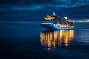 A brilliantly lit cruise ship glows against the twilight ocean, with warm lights shimmering on calm waters, creating an inviting atmosphere for an unforgettable, luxurious vacation photo