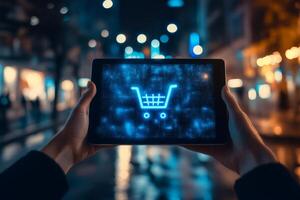 A shopper's hands hold a tablet displaying a glowing shopping cart icon in a busy urban setting at night. photo
