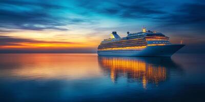 Immerse yourself in the serene tranquility aboard a beautifully illuminated cruise ship as twilight descends, gracefully gliding over the calm waters beneath an incredibly mesmerizing sunset photo