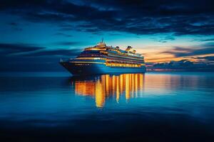 A luxurious cruise ship, illuminated at twilight, casts stunning reflections in calm waters, embodying luxury travel and relaxation, inspiring enthusiasts to embark on unforgettable ocean adventures photo