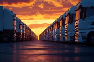 A stunning sunrise bathes a fleet of trucks parked in order, symbolizing the vital logistics industry, ready for efficient cargo transport and smooth delivery, ensuring operations run effectively photo