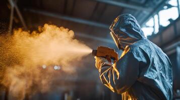 A skilled technician is using a specialized spray gun designed for industrial coating purposes, which emphasizes the precise and careful application of paint in a dynamic manufacturing environment photo