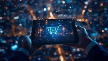 A vibrant cityscape showcases a futuristic view of online shopping, highlighting a tablet in action photo