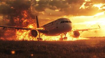 A dramatic scene depicts a catastrophic airplane crash with flames and smoke, illustrating the chaos and urgent response typical of major aviation disasters and the importance of emergency actions photo