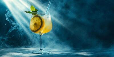 Picture a colorful cocktail garnished with fresh mint and a zesty lemon slice, served with an ecofriendly strawperfect for relaxing on summer days by the beach or pool with loved ones photo