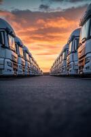 A panoramic view of parked trucks showcases an efficient fleet, highlighting effective cargo transport. This scene is perfect for promoting and enhancing visibility in logistics and shipping photo