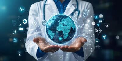 A vision of the future shows a doctor with a holographic globe, symbolizing the interconnectedness of global healthcare and the transformative impact of modern technology on medical practices photo