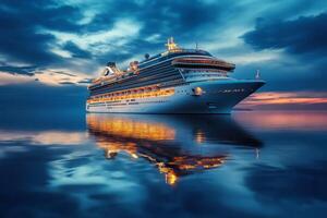 As the sun sets, a luxurious cruise ship glows warmly, reflecting on the calm ocean waters, creating an enchanting atmosphere for an unforgettable evening under the twinkling stars photo