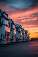 A fleet of trucks is ready for morning deliveries, essential for businesses. The vibrant sunrise symbolizes the logistics industrys commitment to transport efficiency and timely service photo